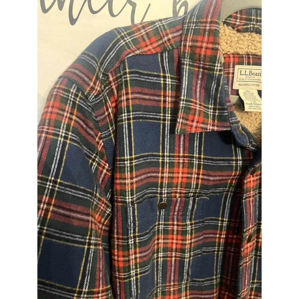 L.L. Bean Shacket Men's Large Multicolor Plaid Sherpa Blue Red Military‎ Jacket - Picture 5 of 11